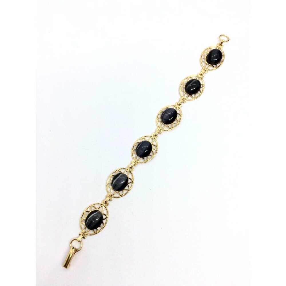 Vintage Gold Tone Bracelet Cat Eye Glass Black Stone Openwork Filigree Panel